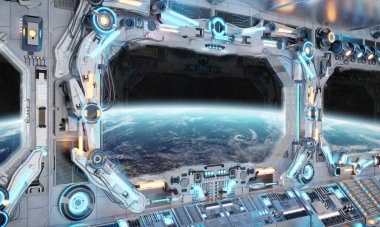 Işıldayan mavi ve kırmızı ışıkları olan beyaz bir uzay gemisi. Dünya gezegenine geniş pencereli ve kontrol panellerine sahip gelecekçi uzay aracı. 3B görüntüleme