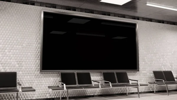 地下鉄の壁にパノラマ2 1ビルボードモックアップ 鉄道駅の壁の3Dレンダリング上のホーディング広告 — ストック写真