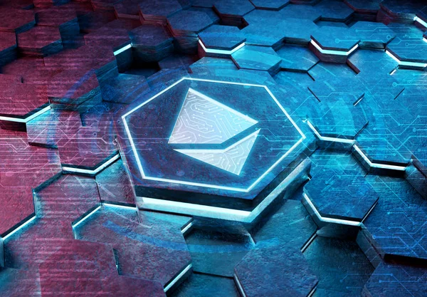 Concepto Icono Ethereum Grabado Sobre Fondo Pedestal Hexagonal Metal Azul —  Fotos de Stock