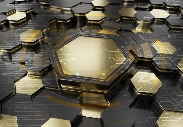 Brilhante Preto Ouro Hexágonos Pódio Padrão Fundo Superfície Metálica Hexagonal — Fotografia de Stock