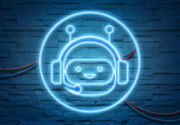 Chatbot Neon Σωλήνες Εικονίδιο Φωτίζει Έναν Τοίχο Από Τούβλα Μπλε — Φωτογραφία Αρχείου