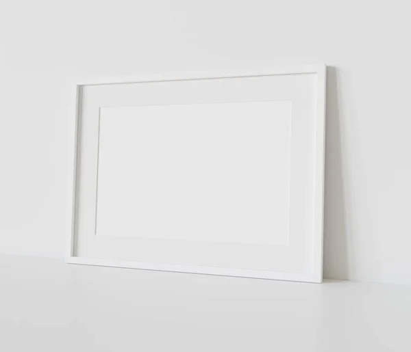 Marco Rectangular Blanco Apoyado Suelo Blanco Maqueta Interior Plantilla Una — Foto de Stock