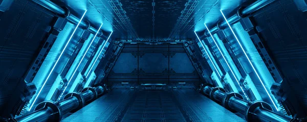 Modrý Interiér Vesmírné Lodi Neonovými Světly Stěnách Panelu Futuristická Moderní — Stock fotografie