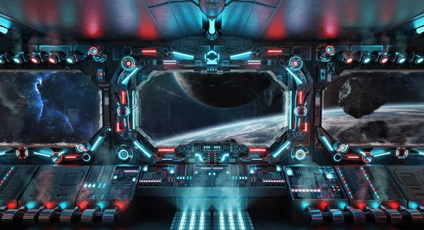 Interior Oscuro Nave Espacial Con Brillantes Luces Azules Rojas Nave —  Fotos de Stock