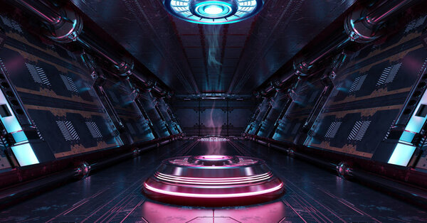 Сине-розовый космический интерьер с подсветкой прожектора. Футуристический коридор на космической станции со светящимся неоновым светом заднего плана. 3d-рендеринг