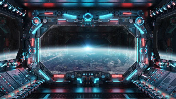 輝く青と赤のライトで暗い宇宙船のインテリア 惑星地球上の大きな窓からの眺めとコントロールパネルを持つ未来的な宇宙船 3Dレンダリング — ストック写真