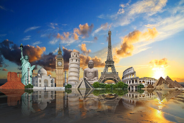 Famous monuments of the world illustrating the travel and holidays