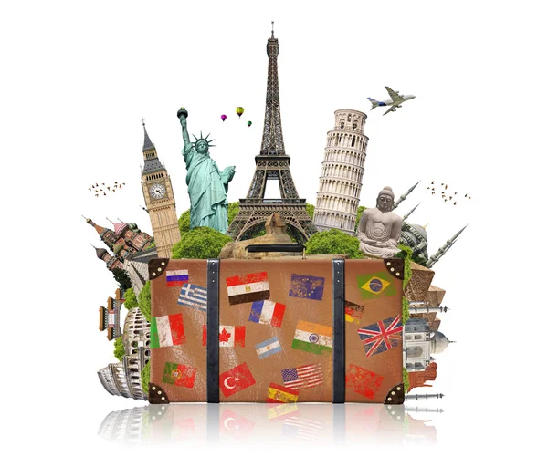 Illustration av en resväska full av berömda monument — Stockfoto