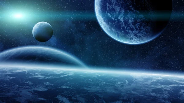 Zonsopgang boven de planeten in de ruimte — Stockfoto