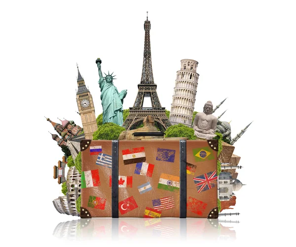 Illustration of a suitcase full of famous monument — Stock Photo, Image