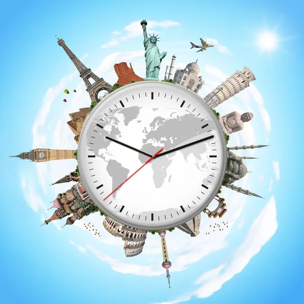Illustration av en klocka med berömda monument — Stockfoto