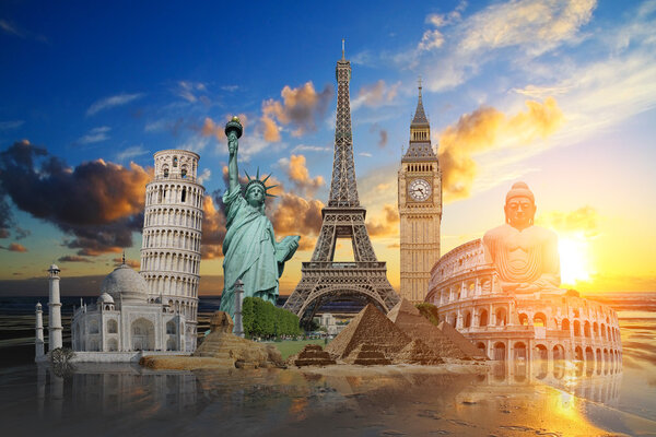 Illustration of famous monuments of the world aligned on a beach at sunset