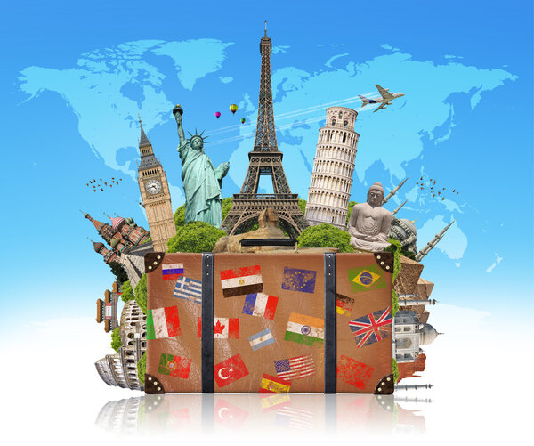 Famous monuments of the world grouped together in a suitcase