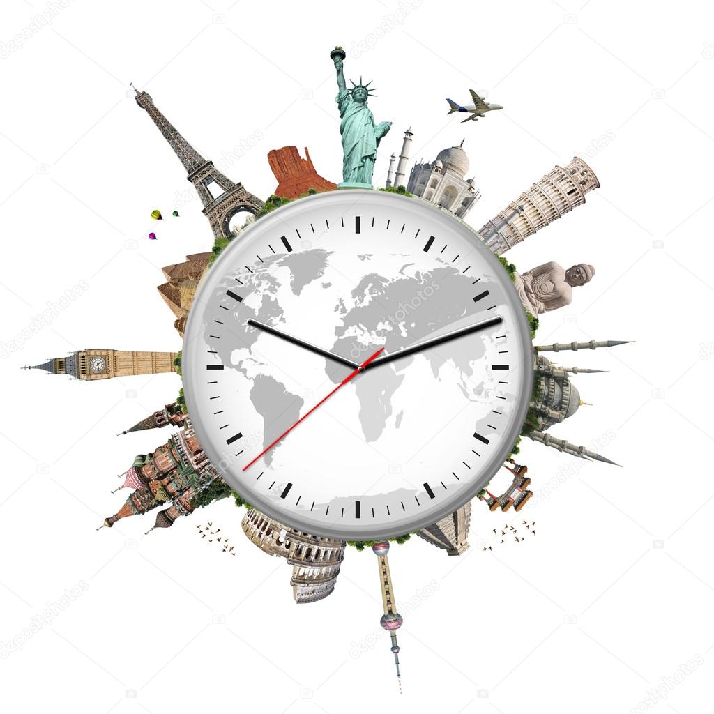 illustration of a clock with famous monuments