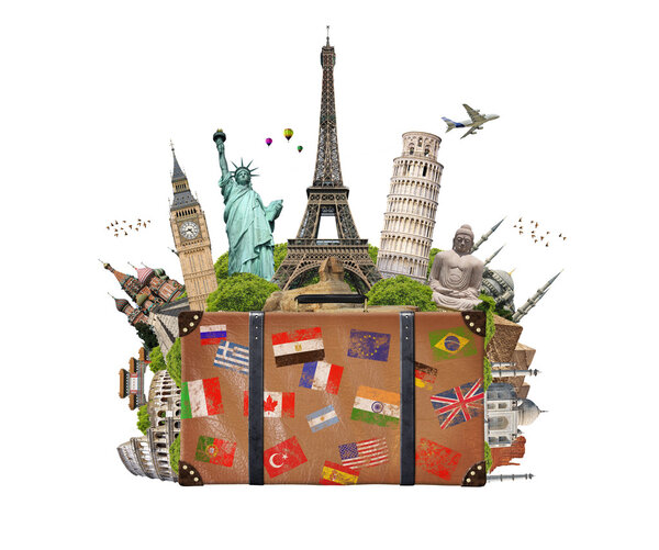 illustration of a suitcase full of famous monument