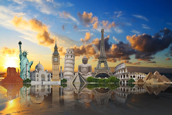 Illustration of famous monuments of the world aligned on a beach at sunset
