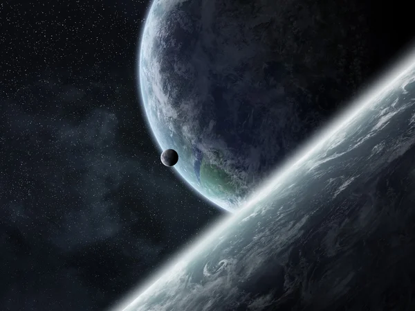 Схід над планетами в космосі — стокове фото