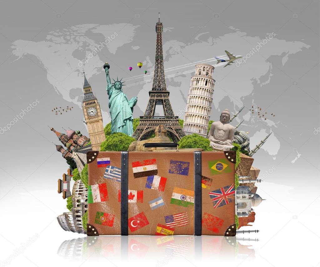 illustration of a suitcase full of famous monument