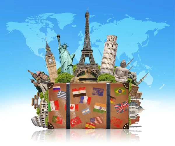 Illustration of a suitcase full of famous monument — Stock Photo, Image