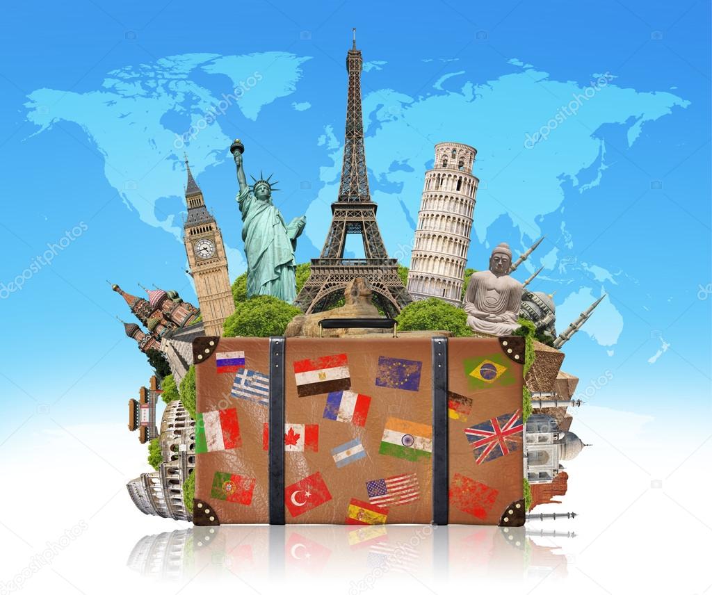 illustration of a suitcase full of famous monument
