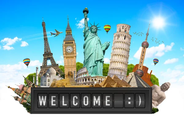 Monuments of the world on a airport billboard panel — Stock Photo, Image