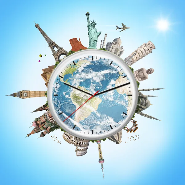 Illustration of a clock with famous monuments — Stock Photo, Image