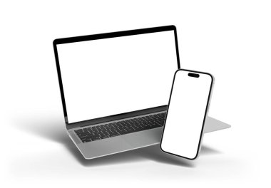 PARIS - Fransa - 20 Mart 2025: Apple Macbook Air ve Iphone 16, gümüş rengi. Yan görüş. 3D dizüstü bilgisayar modellemesi beyaz arkaplanda yüzüyor