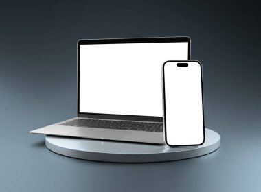 PARIS - Fransa - 20 Mart 2025: Apple Macbook Air ve Iphone 16. 3D dizüstü bilgisayar ve cep telefonu modellemesi gümüş ekranda