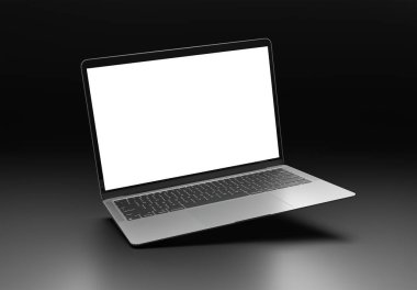 PARIS - Fransa - 20 Mart 2025: Apple Macbook Air gümüş rengi. Siyah arkaplanda 3D dizüstü bilgisayar modellemesi