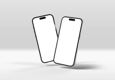 PARIS - Fransa - 20 Mart 2025 Apple akıllı telefonu, maksimum 16 profesyonel gümüş rengi. Beyaz üzerinde yüzen iki cep telefonu modeli. 3d oluşturma