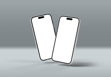 PARIS - Fransa - 20 Mart 2025 Apple akıllı telefonu, maksimum beyazlı 16 profesyonel telefon. Gri renkte yüzen iki cep telefonu modeli. 3d oluşturma