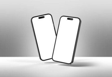 PARIS - Fransa - 20 Mart 2025 Apple akıllı telefonu, maksimum 16 profesyonel siyah renk. Gri renkte yüzen iki cep telefonu modeli. 3d oluşturma