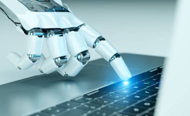 Yapay Zeka ve gelecekteki teknoloji konsepti. Robot el dizüstü bilgisayara dokunuyor. 3B görüntüleme