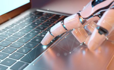 Robot el dizüstü bilgisayara dokunuyor. Yapay Zeka ve gelecekteki teknoloji konsepti. 3B görüntüleme