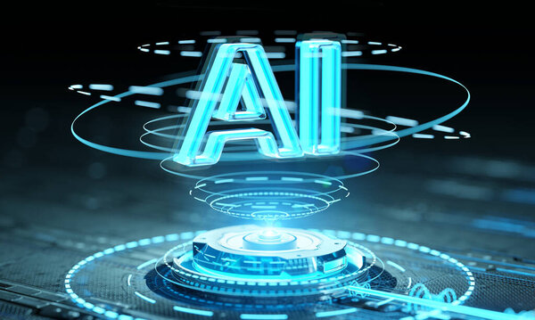 Robotic hand activating holographic interface with AI display. Artificial Intelligence concept. 3D rendering