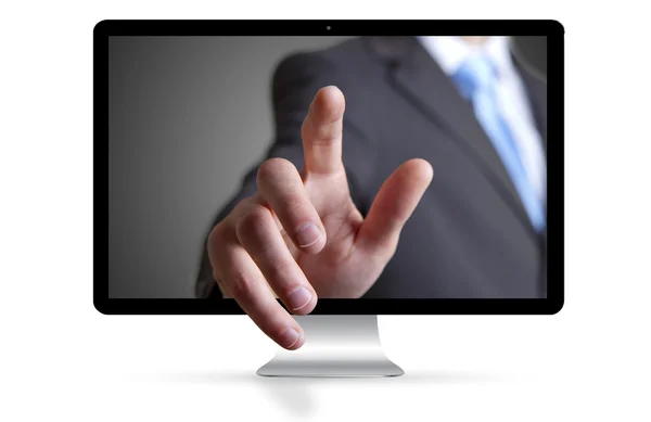 Businessman escaping from computer — Stock Photo, Image