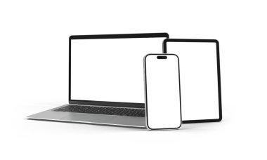 PARIS - Fransa - 29 Ekim 2025: Apple Macbook Air, Iphone 17 ve Ipad, gümüş rengi. Yan görüş. Beyaz arkaplanda 3D dizüstü bilgisayar modellemesi