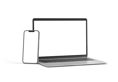 PARIS - Fransa - 29 Ekim 2025: Apple Macbook Air ve Iphone 17, gümüş rengi. Yan görüş. Beyaz arkaplanda 3D dizüstü bilgisayar modellemesi