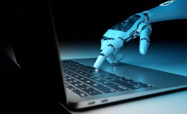 Robot using a laptop. Cyborg hand pressing a keyboard with his finger. 3D rendering