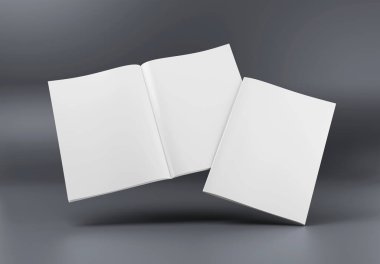 Dergi kapağı ve açık dergi Mockup gri arka planda gölgeli yüzüyor. 3B görüntüleme