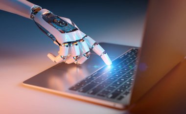 Robot el dizüstü bilgisayara dokunuyor. Yapay Zeka ve gelecekteki teknoloji konsepti. 3B görüntüleme