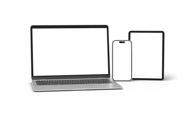 PARIS - Fransa - 29 Ekim 2025: Apple Macbook Air, Iphone 17 ve Ipad, gümüş rengi. Yan görüş. Beyaz arkaplanda 3D dizüstü bilgisayar modellemesi