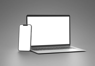 PARIS - Fransa - 29 Ekim 2025: Apple Macbook Air ve Iphone 17, gümüş rengi. Yan görüş. Gri arkaplanda 3D dizüstü bilgisayar modellemesi