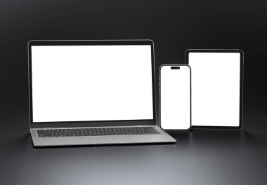 PARIS - Fransa - 29 Ekim 2025: Apple Macbook Air, Iphone 17 ve Ipad, gümüş rengi. Yan görüş. Siyah arkaplanda 3D dizüstü bilgisayar modellemesi
