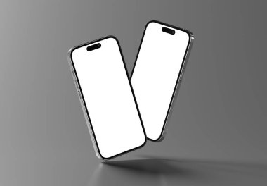 PARIS - Fransa - 29 Ekim 2025: İki Apple Iphone 17 gümüş rengi. Gri Mockup üzerinde yüzen gölgeli üç boyutlu akıllı telefonlar oluşturuluyor