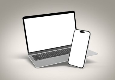 PARIS - Fransa - 20 Mart 2025: Apple Macbook Air ve Iphone 16, gümüş rengi. Yan görüş. 3D dizüstü bilgisayar modeli gri arkaplanda yüzüyor