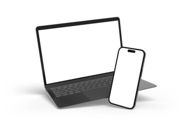 PARIS - Fransa - 20 Mart 2025: Apple Macbook Air ve Iphone 16, siyah renk. Yan görüş. 3D dizüstü bilgisayar modellemesi beyaz arkaplanda yüzüyor