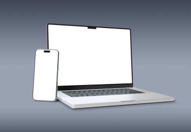 PARIS - Fransa - 06 Ocak 2026: Apple Macbook Pro ve Iphone 17 Pro Max. Gri arkaplanda 3D dizüstü bilgisayar ve akıllı telefon modellemesi