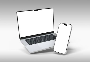 PARIS - Fransa - 06 Ocak 2026: Apple Macbook Pro ve Iphone 17 Pro Max. Beyaz arkaplanda 3D dizüstü bilgisayar ve akıllı telefon modellemesi