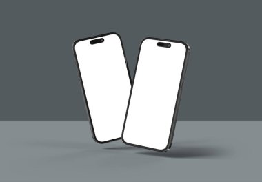 PARIS - Fransa - 20 Mart 2025 Apple akıllı telefonu, maksimum 16 profesyonel siyah renk. Gri renkte yüzen iki cep telefonu modeli. 3d oluşturma